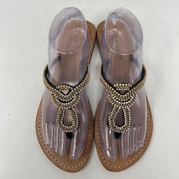 Trina Turk Rhinestone Leather Sandals Women's 8 Black Strap Beach Resortwear - Picture 2 of 11